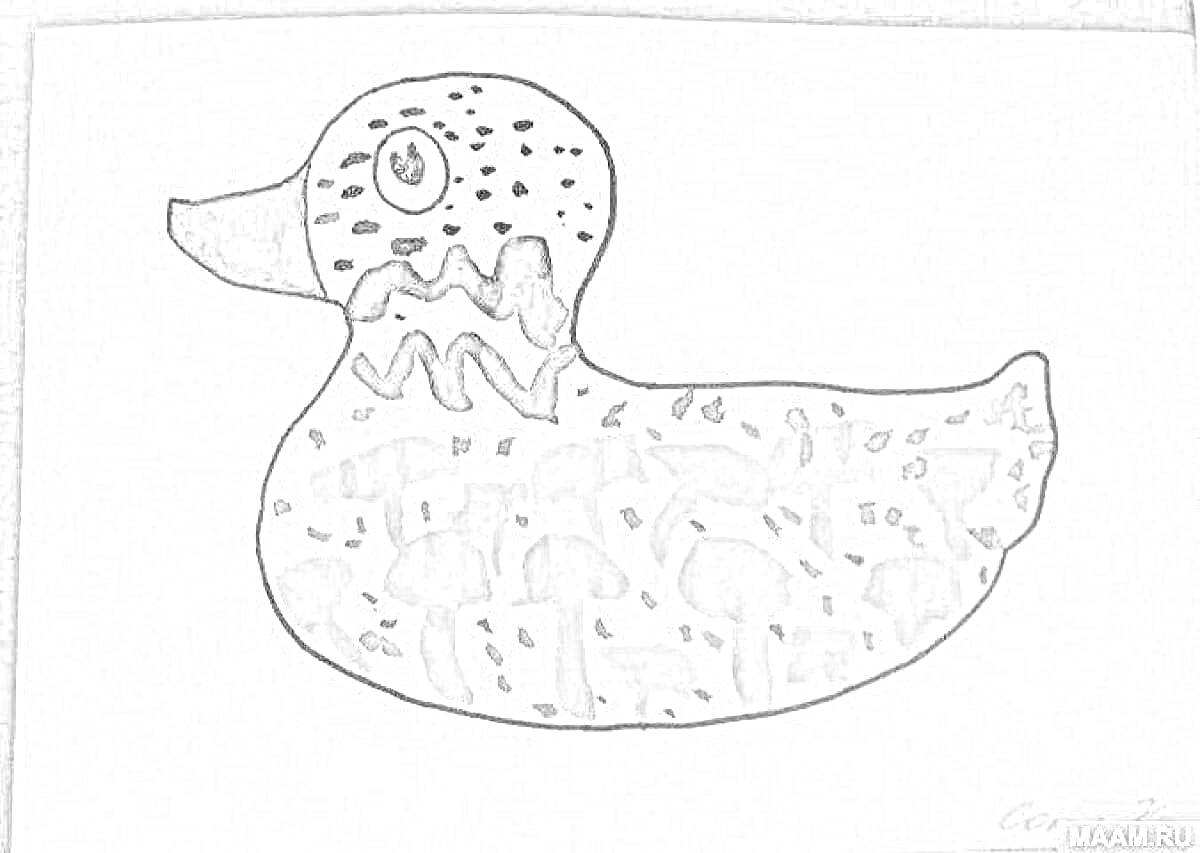 Раскраска Дымковская уточка с крупными пятнами и узорами на туловище