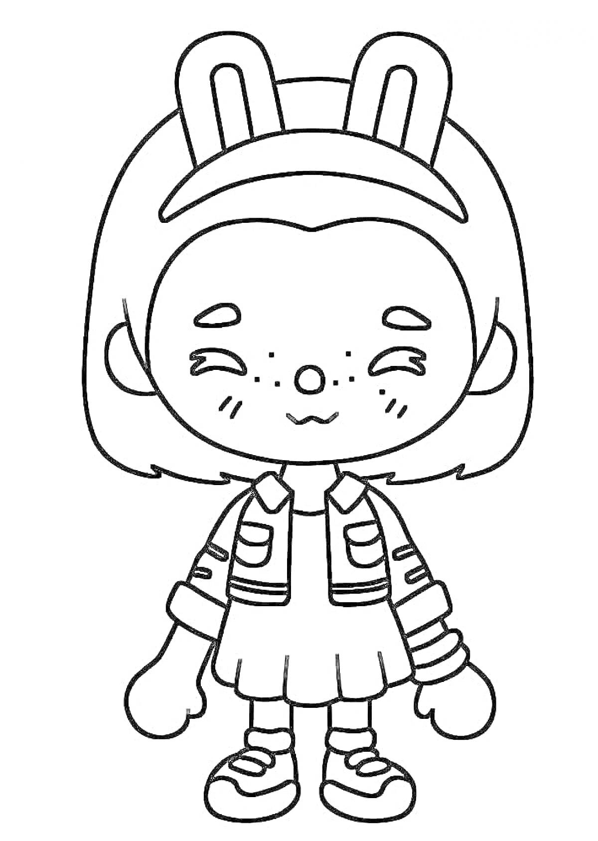 Раскраска Девочка с кроличьими ушками на ободке, в куртке и юбке, в кроссовках, с веснушками