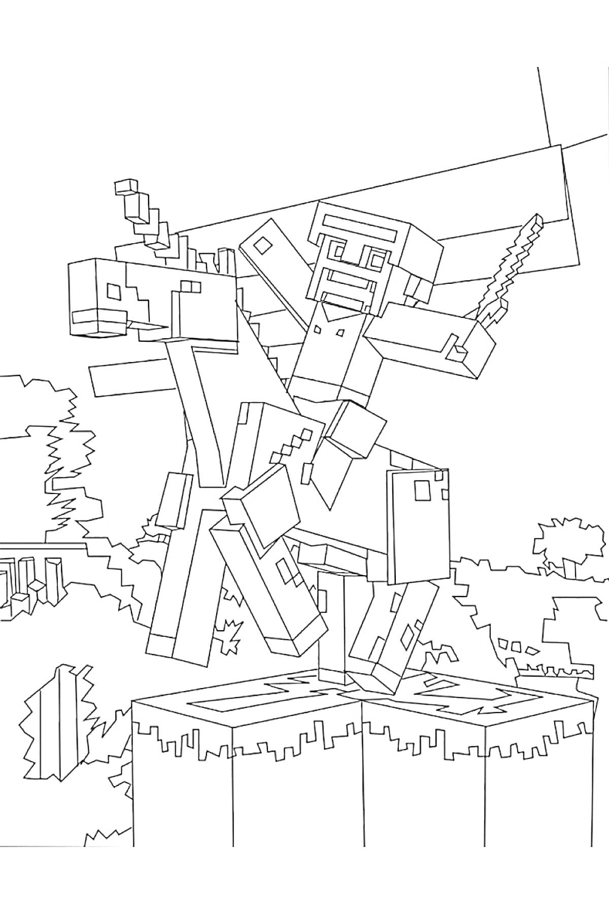 На раскраске изображено: Лошадь, Майнкрафт, Наездник, Лес, Деревья, Приключения, Видеоигра, Блоки