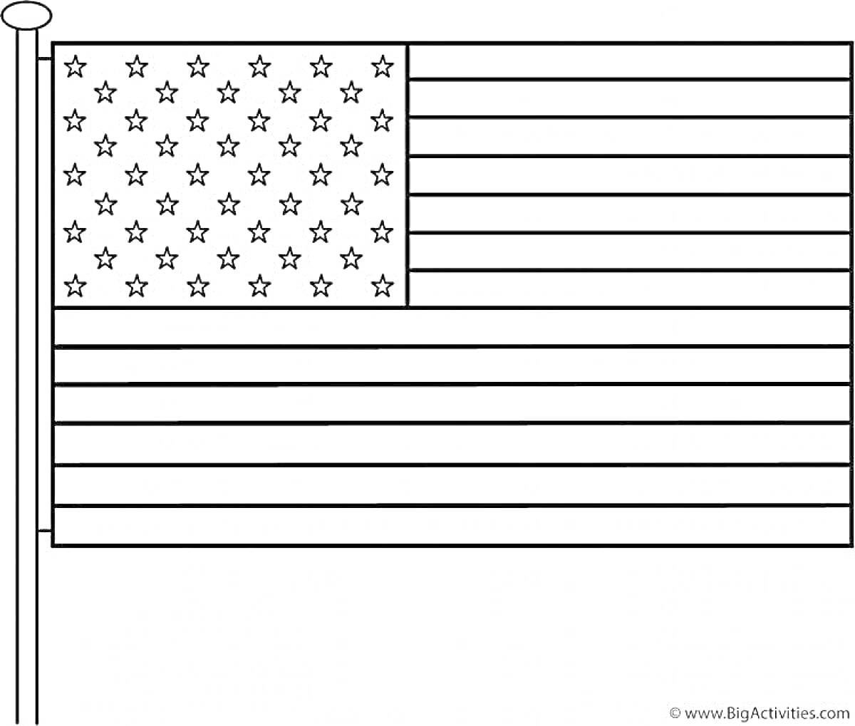 Раскраска Флаг США с 50 звездами и 13 полосами на флагштоке для раскрашивания
