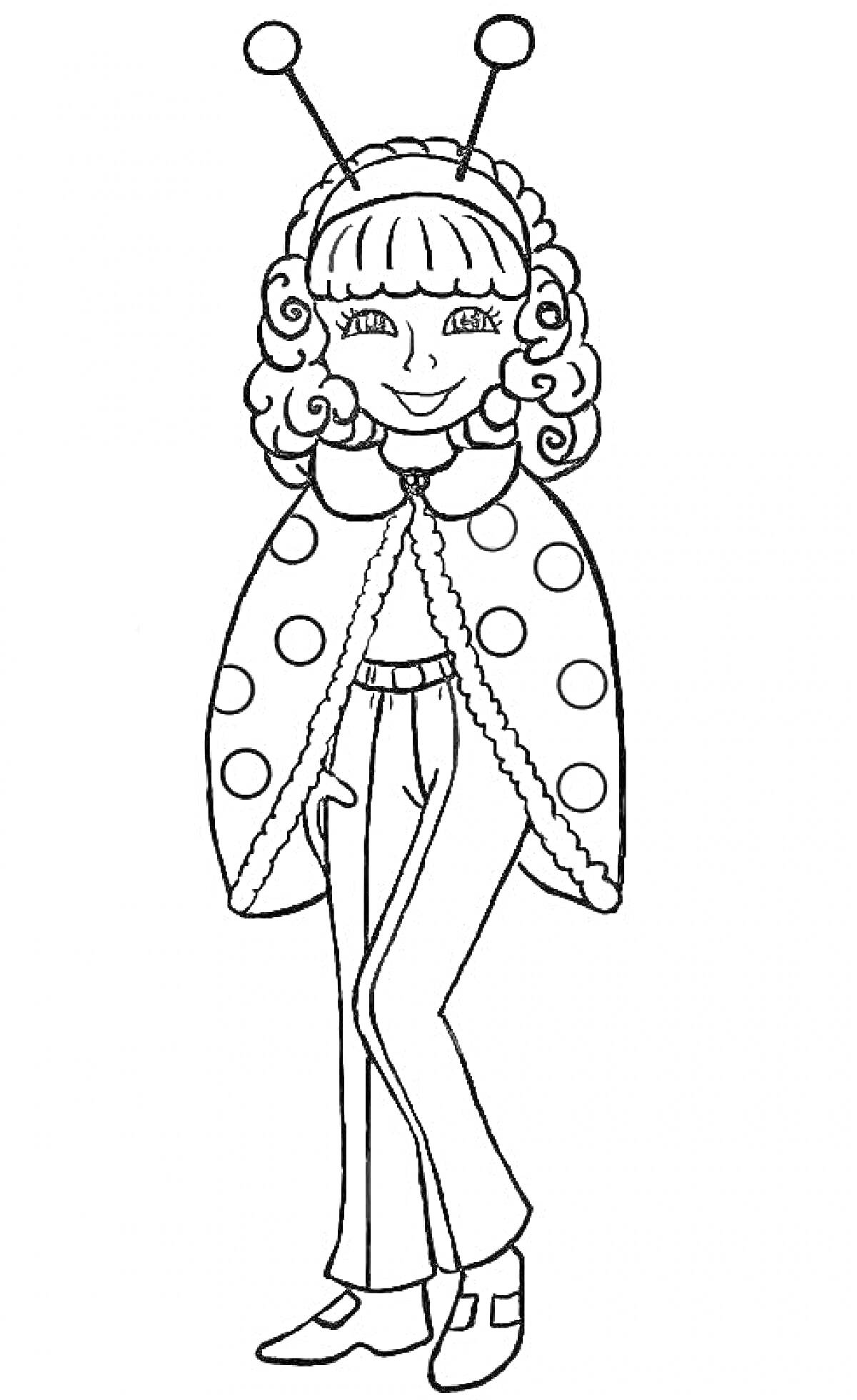 Раскраска Девочка в новогоднем костюме божьей коровки с усиками, плащом в горошек, кудрявыми волосами, брюками и туфлями.