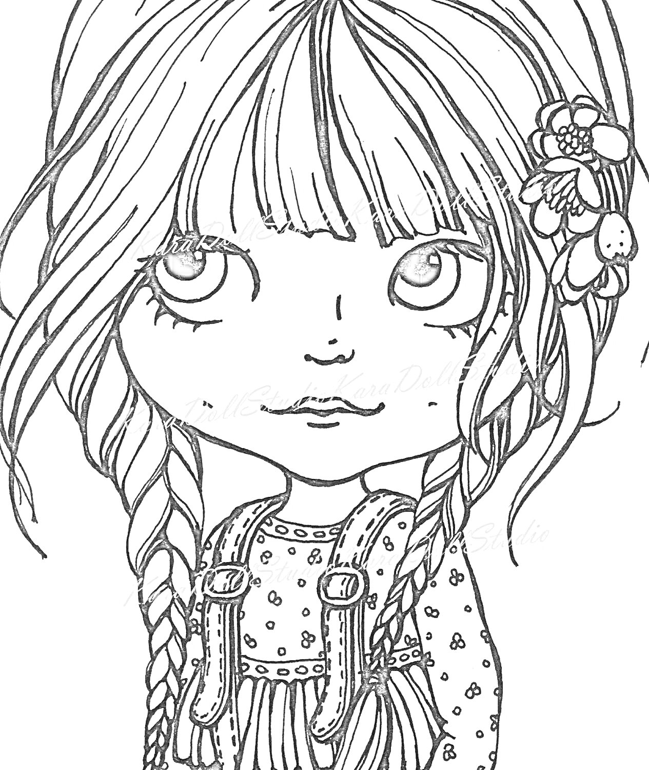Раскраска Кукла Блайз с цветком в прическе, в блузке и с сарафаном