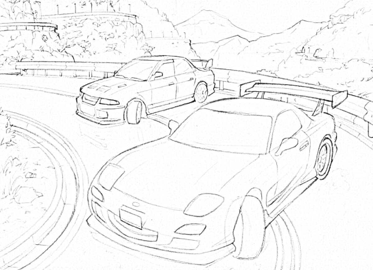 Дрифт двух спортивных машин на горной дороге