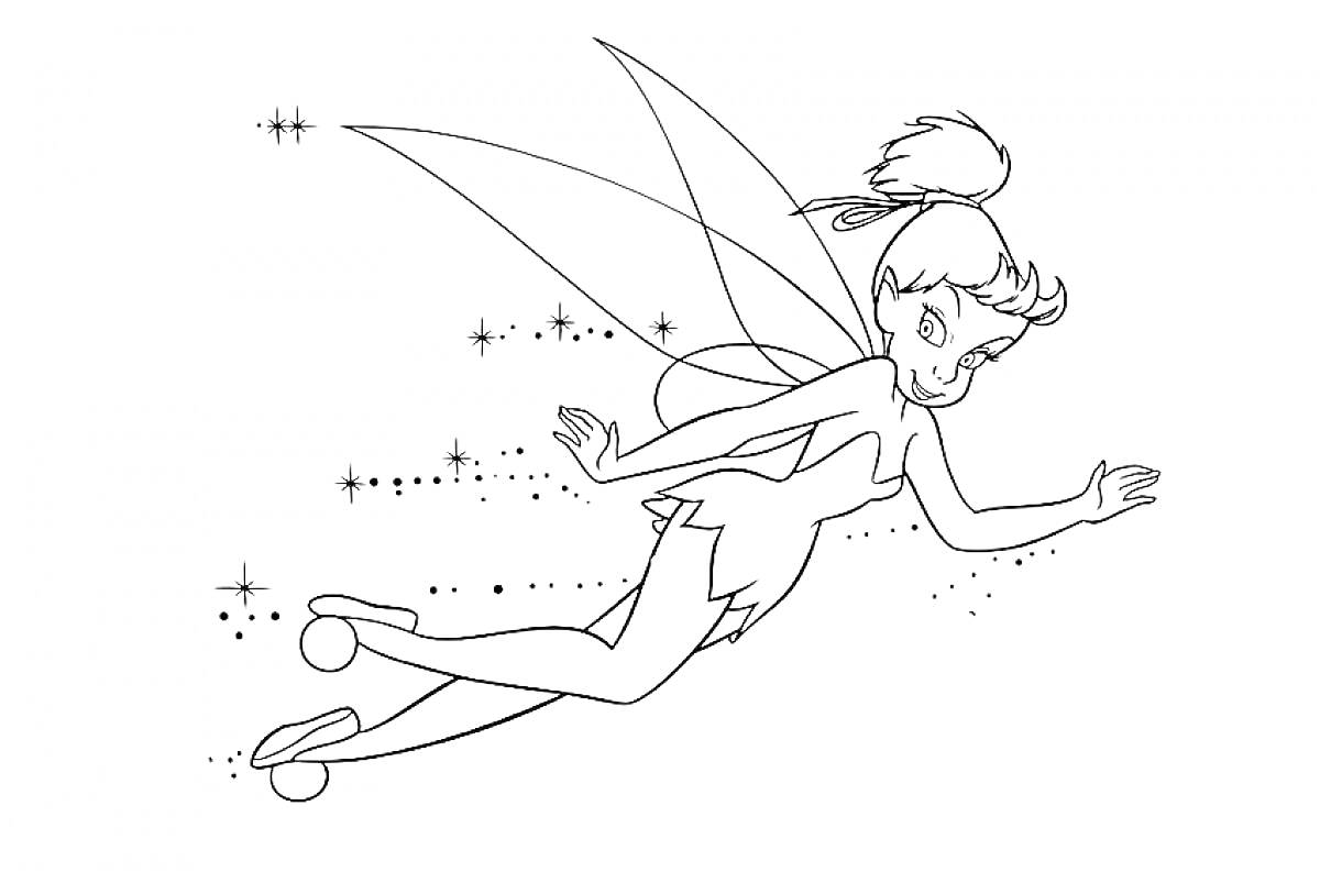 Раскраска Фея Динь-Динь из Питера Пена летящая с блестками на фоне