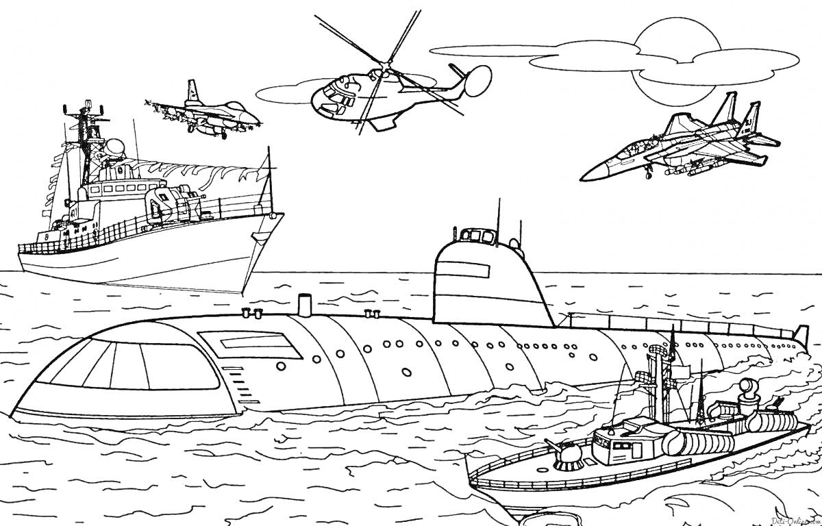 На раскраске изображено: Военная база, Лодка, Корабль, Вертолет, Море, Военная техника, Солнце, Облака