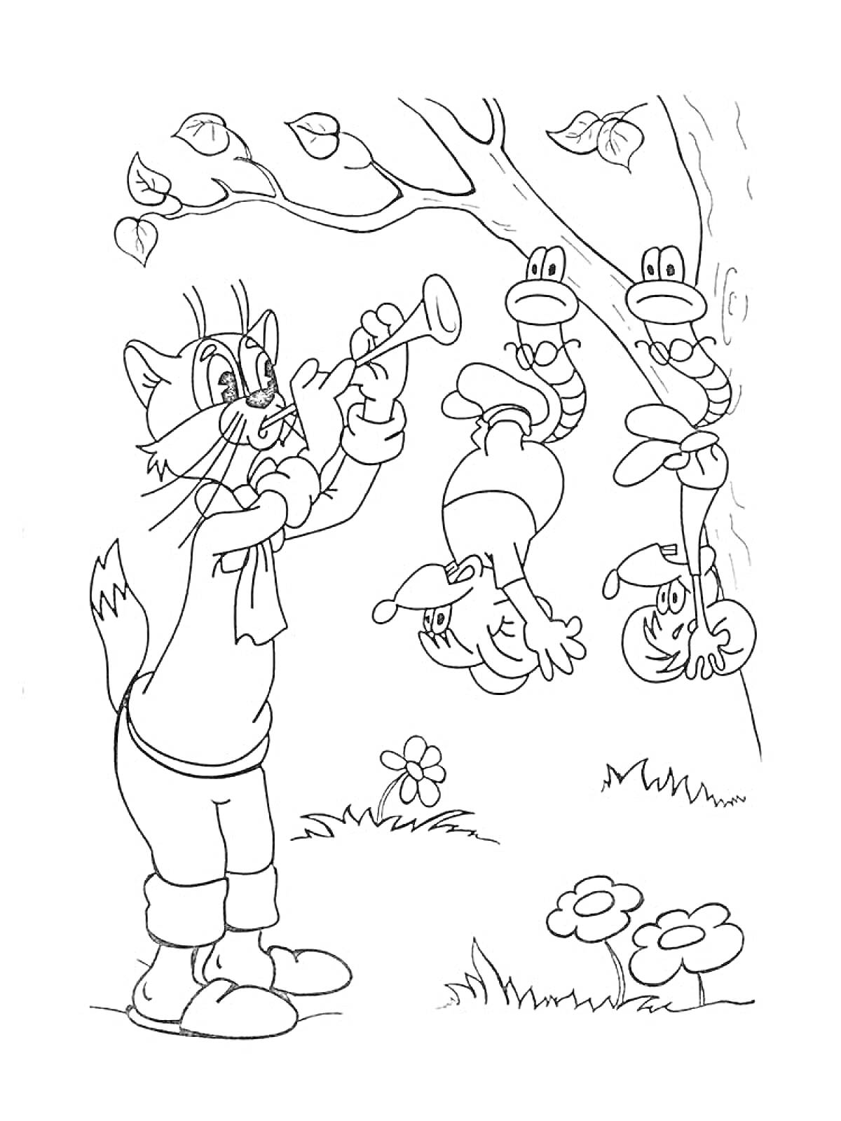 Раскраска Кот Леопольд играет на трубе под деревом с висящими на ветке мышами