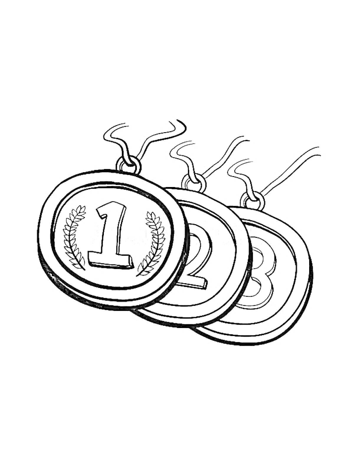 Раскраска Медали с номерами 1, 2 и 3 и изображением лавровых ветвей