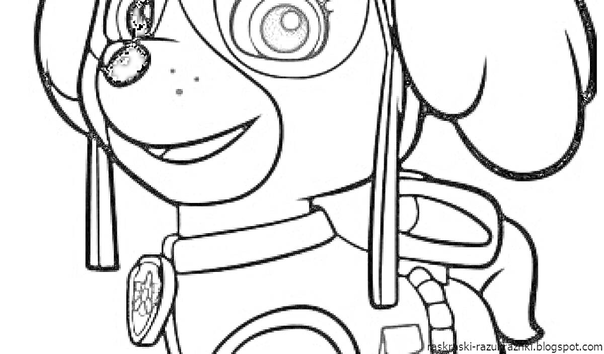 Раскраска Скай из Щенячьего патруля в костюме пилота с крупным планом головы и верхней части туловища.