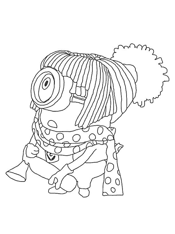 Раскраска Миньон в шапке с помпоном и шарфе с горохом