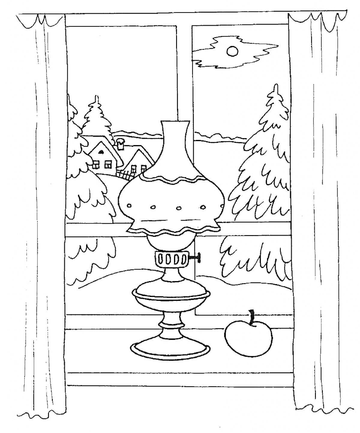Раскраска Окно с керосиновой лампой, яблоком и зимним пейзажем