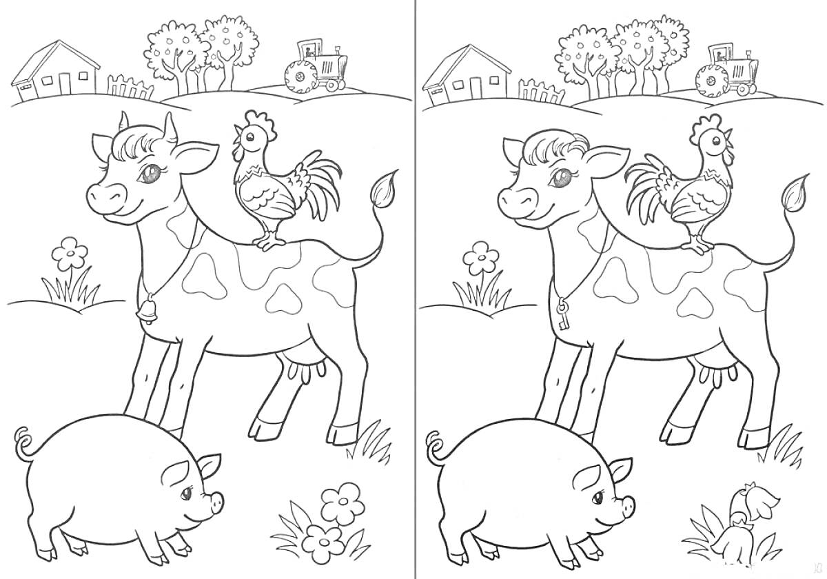 Раскраска Найди отличия - корова, курица, свинья, трактор, дом, дерево, цветы, трава, забор