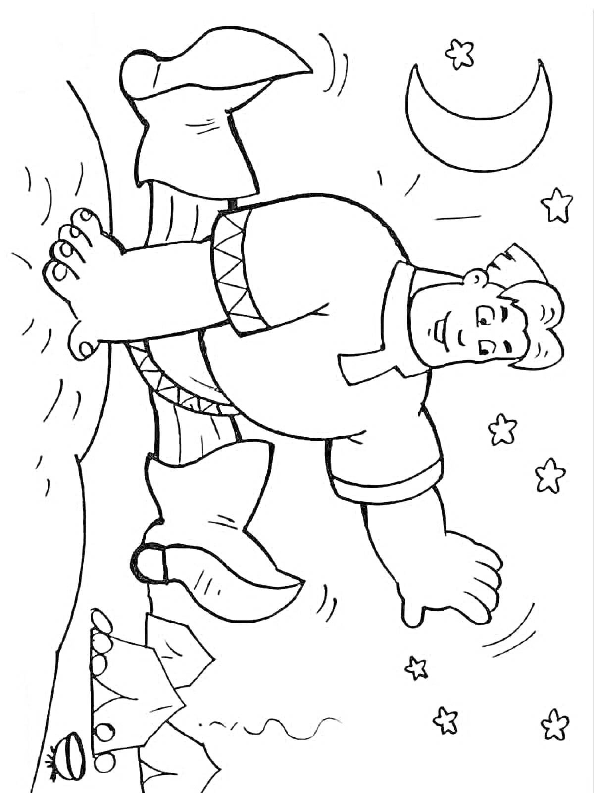 Раскраска Богатырь в сапогах на ночном фоне с луной и звездами
