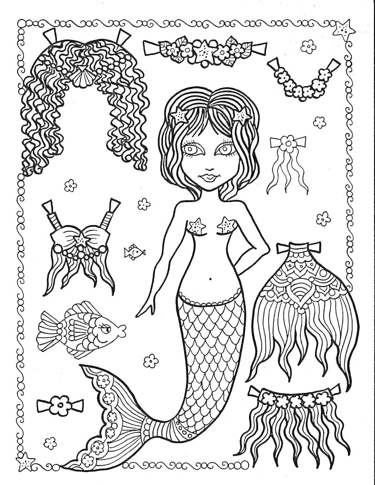 Раскраска Кукла ЛОЛ-русалка с аксессуарами: парик, корона, летний лиф, рыбка, пояс, заколка