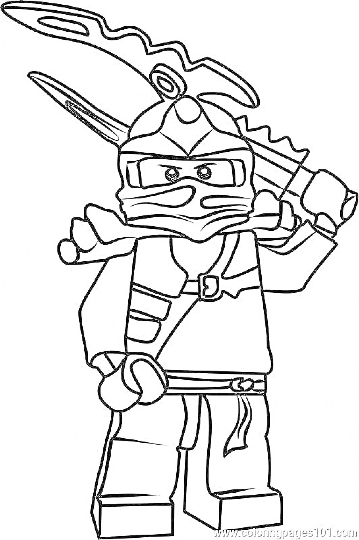 Раскраска Ниндзяго Джей с двойным мечом, маска, кимоно, пояс, ножные обмотки