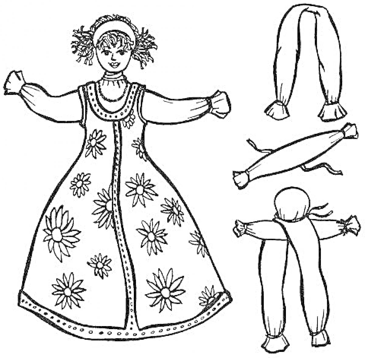 Раскраска Кукла Масленица с деталями для сборки: кукла в платье с цветами, голова, руки и ноги для вырезания и присоединения