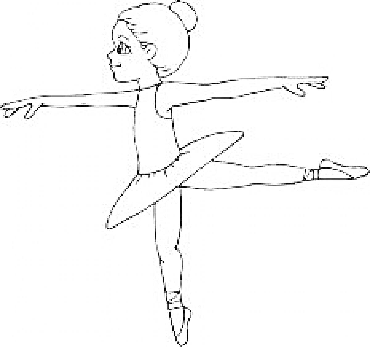 На раскраске изображено: Балерина, Танец, Балет, Пуанты, Платье, Вытянутые руки, Для детей