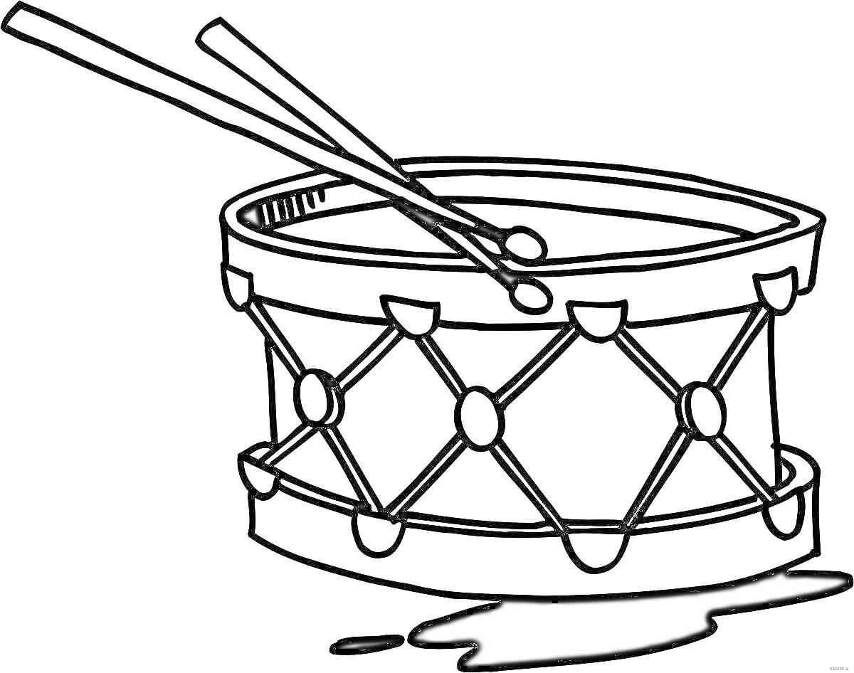 На раскраске изображено: Барабан, Барабанные палочки, Музыкальный инструмент, Для детей, Тени