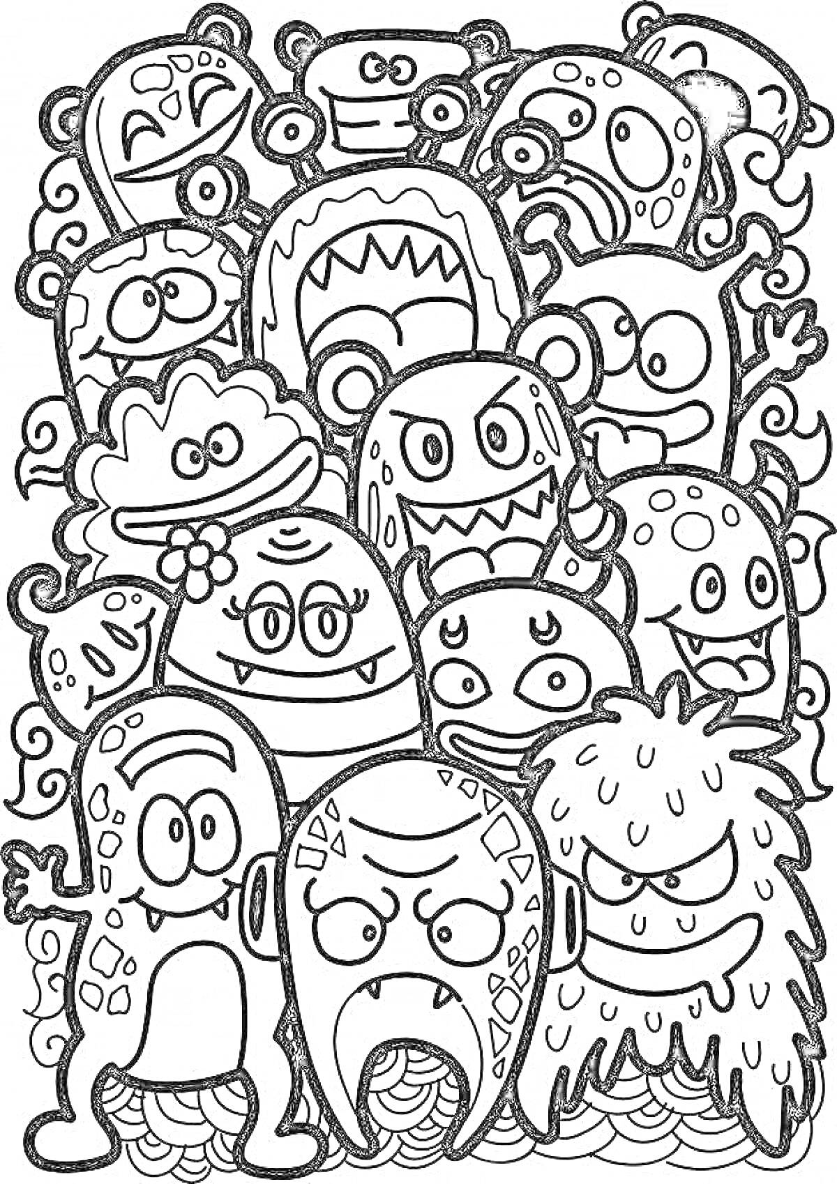 Раскраска Группа милых монстриков с разными лицами, глазами, рогами и эмоциями