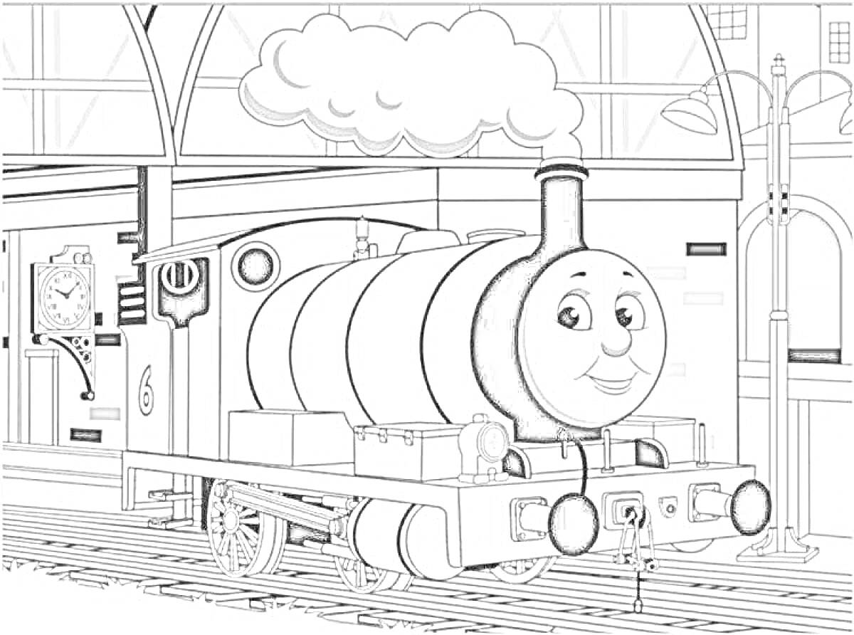 На раскраске изображено: Томас и его друзья, Станция, Часы, Рельсы, Дым