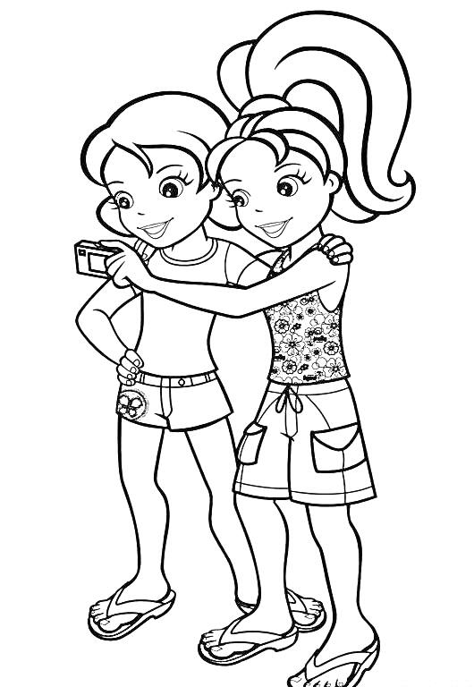 Раскраска Полли Покет и подруга делают селфи, одеты в летнюю одежду и сандалии