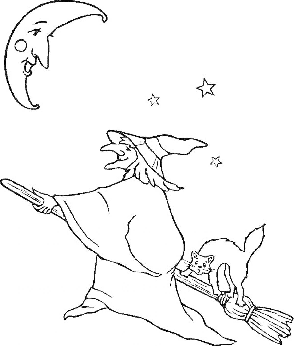 Раскраска Ведьма на метле с кошкой, месяцем и звездами на фоне ночного неба