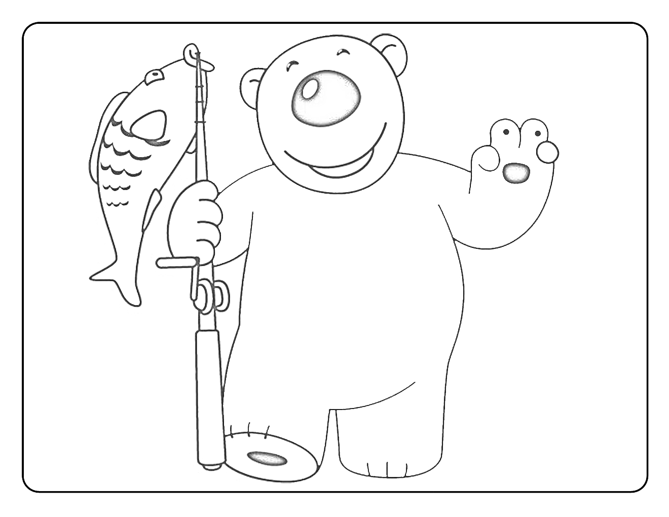 На раскраске изображено: Пингвинёнок Пороро, Белый медведь, Удочка, Рыба, Из мультфильмов, Персонаж, Для детей