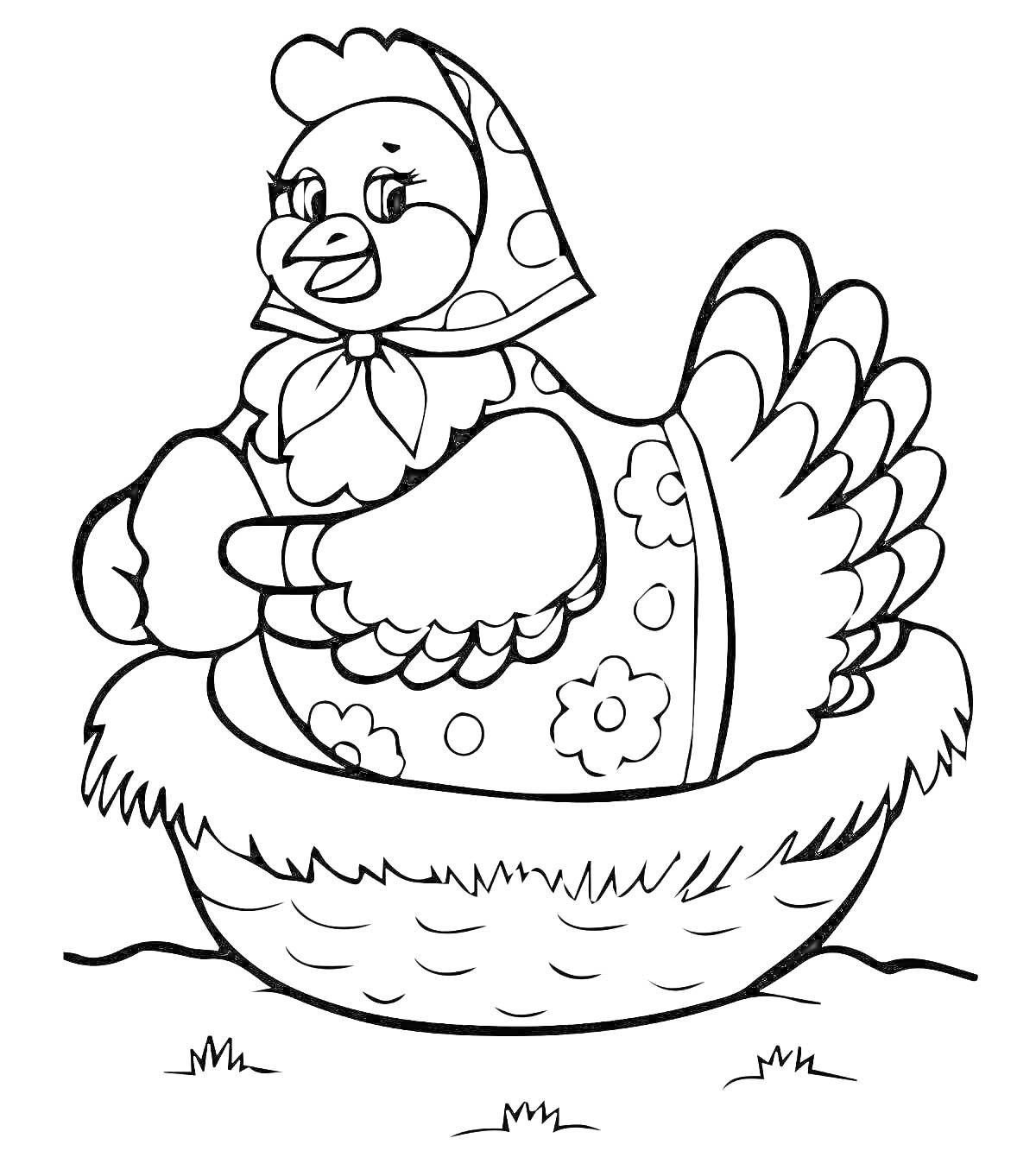 Раскраска Курица в косынке, сидящая в гнезде с двумя яйцами
