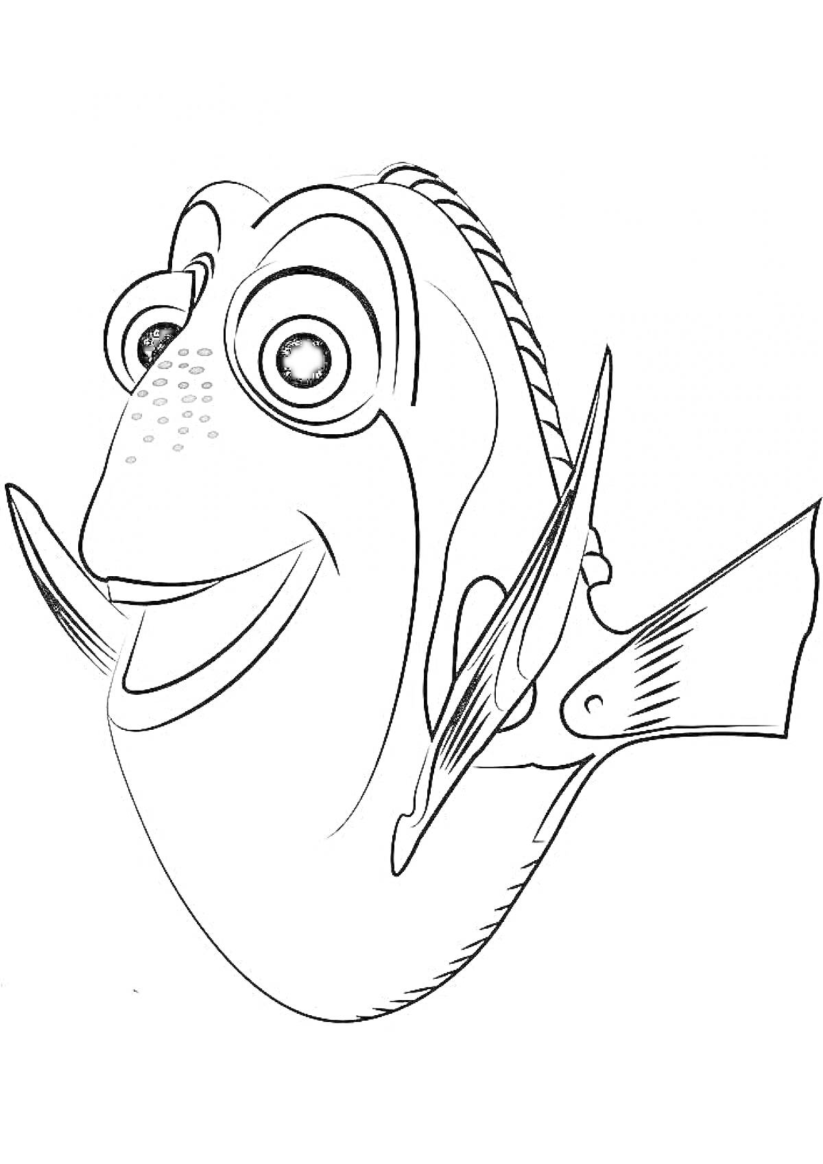 На раскраске изображено: Дори, Рыба, В поисках Дори, Морская жизнь, Анимация