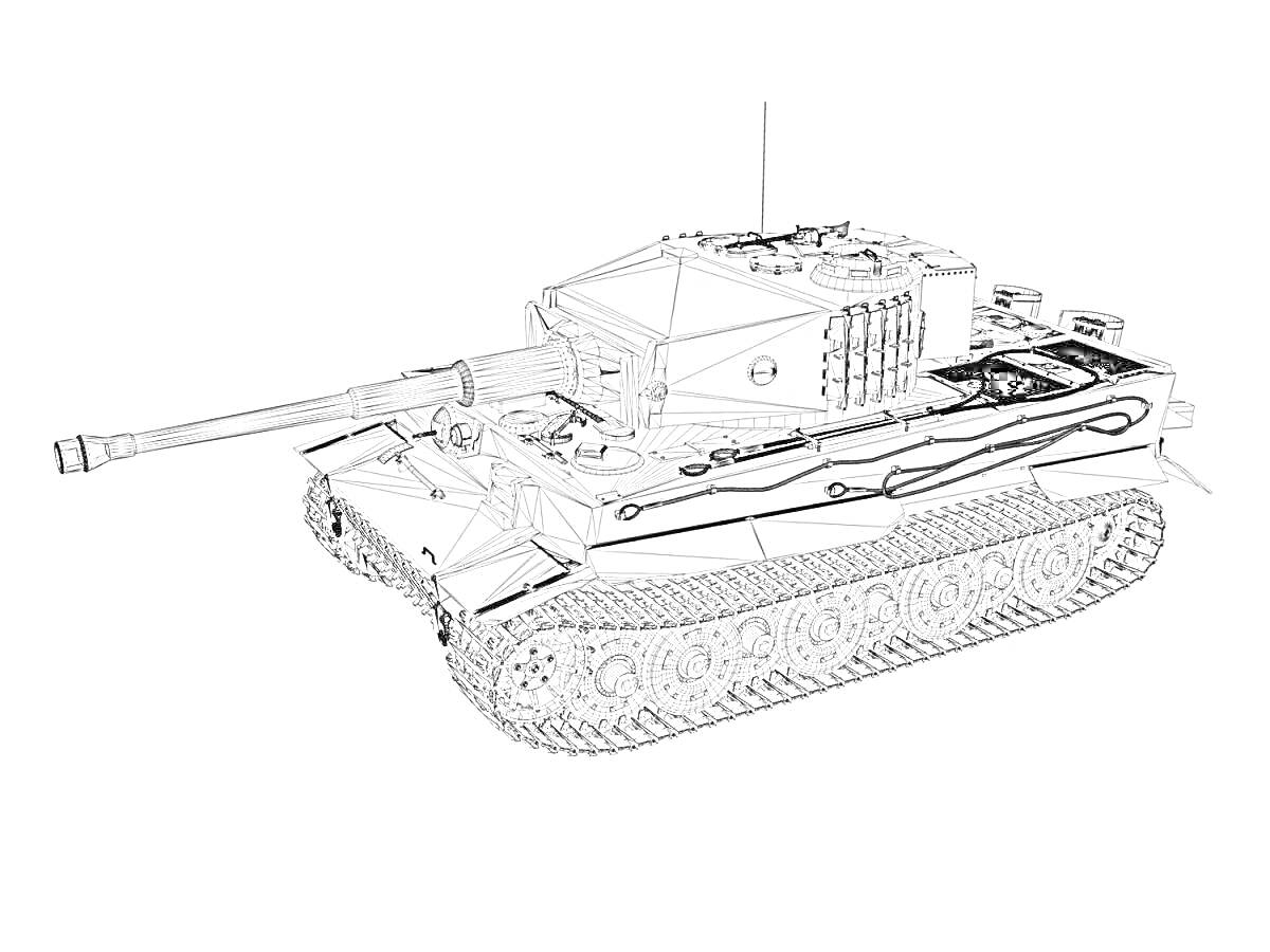 На раскраске изображено: Белый тигр, Танк, Военная техника, Орудие, Гусеницы, Механические элементы, Война