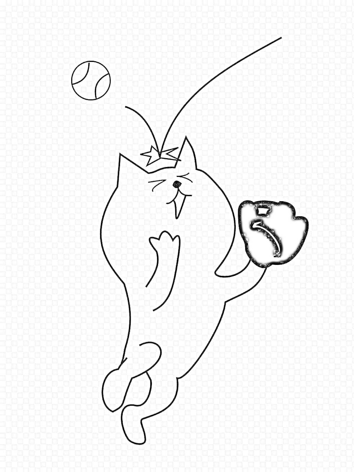 На раскраске изображено: Кот, Шлепа, Бейсбол, Перчатки, Мячи, Прыжки