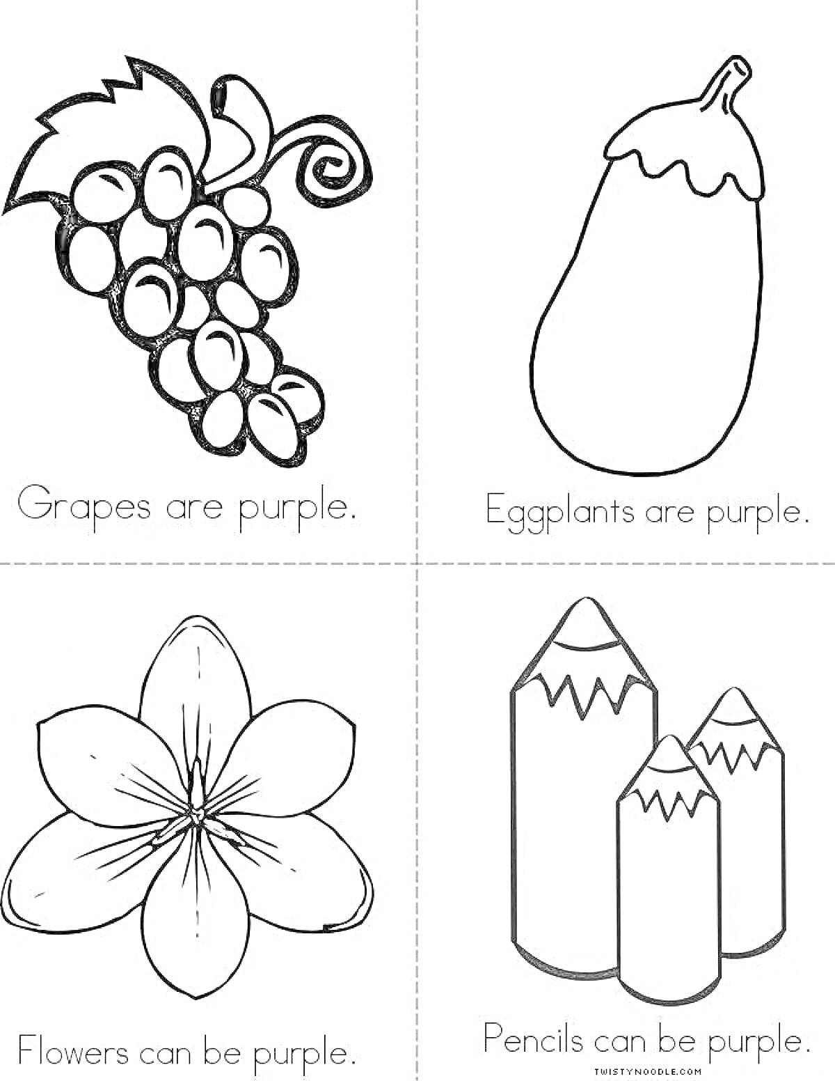 Раскраска Виноград, баклажан, цветок и карандаши, которые могут быть фиолетовыми