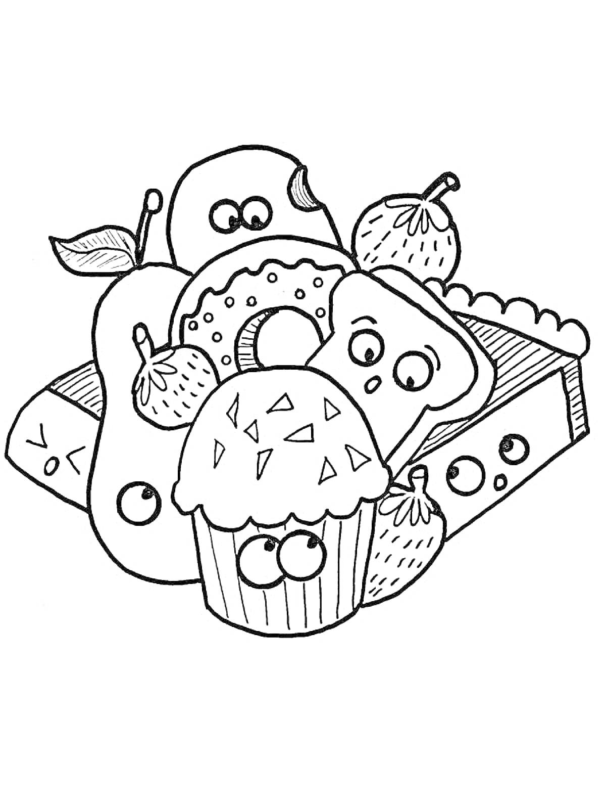 На раскраске изображено: Кекс, Пончик, Пирог, Тост, Клубника, Груши, Десерты