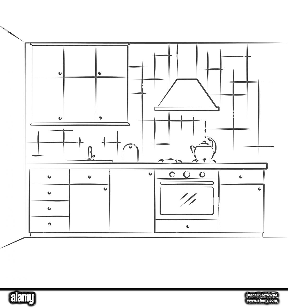 Раскраска Кухонный гарнитур с навесными шкафами, вытяжкой, краном, плитой и духовкой