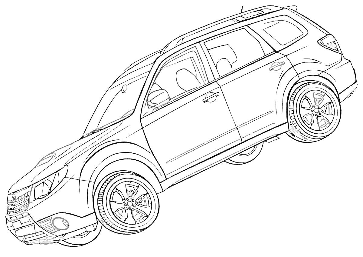 Раскраска Subaru Forester (субкомпактный кроссовер) в линии - вид сбоку, двери, окна, колеса, крыша с рейлингами