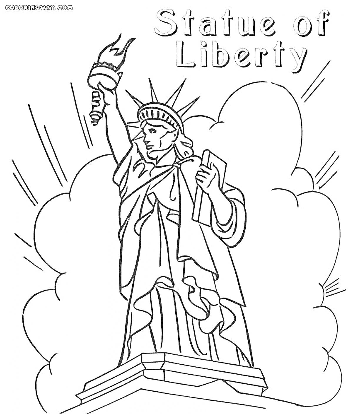 На раскраске изображено: Статуя Свободы, Облака, Факел, Книга, Статуя, США