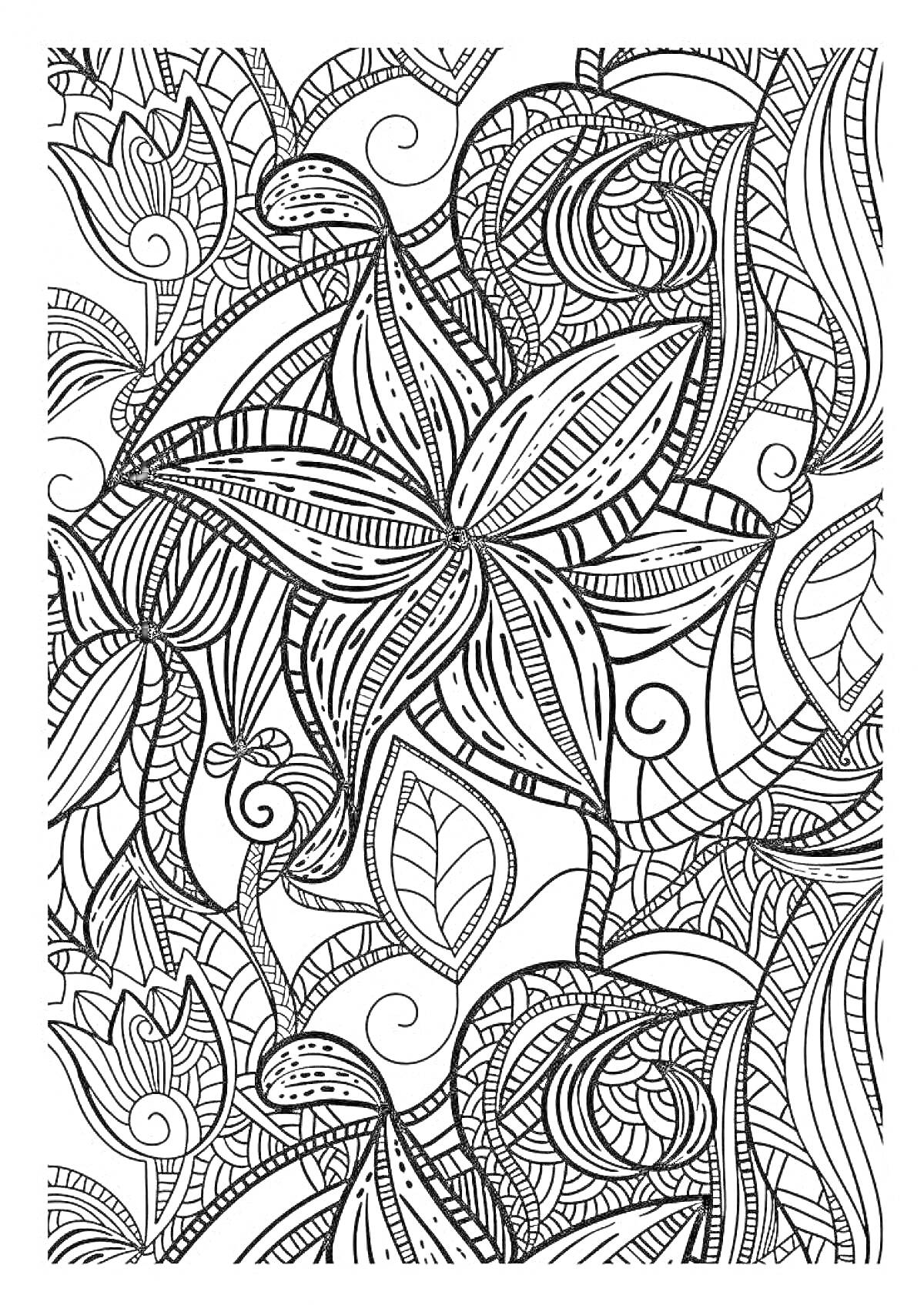Раскраска Орнамент с крупными цветами, листьями и узорами