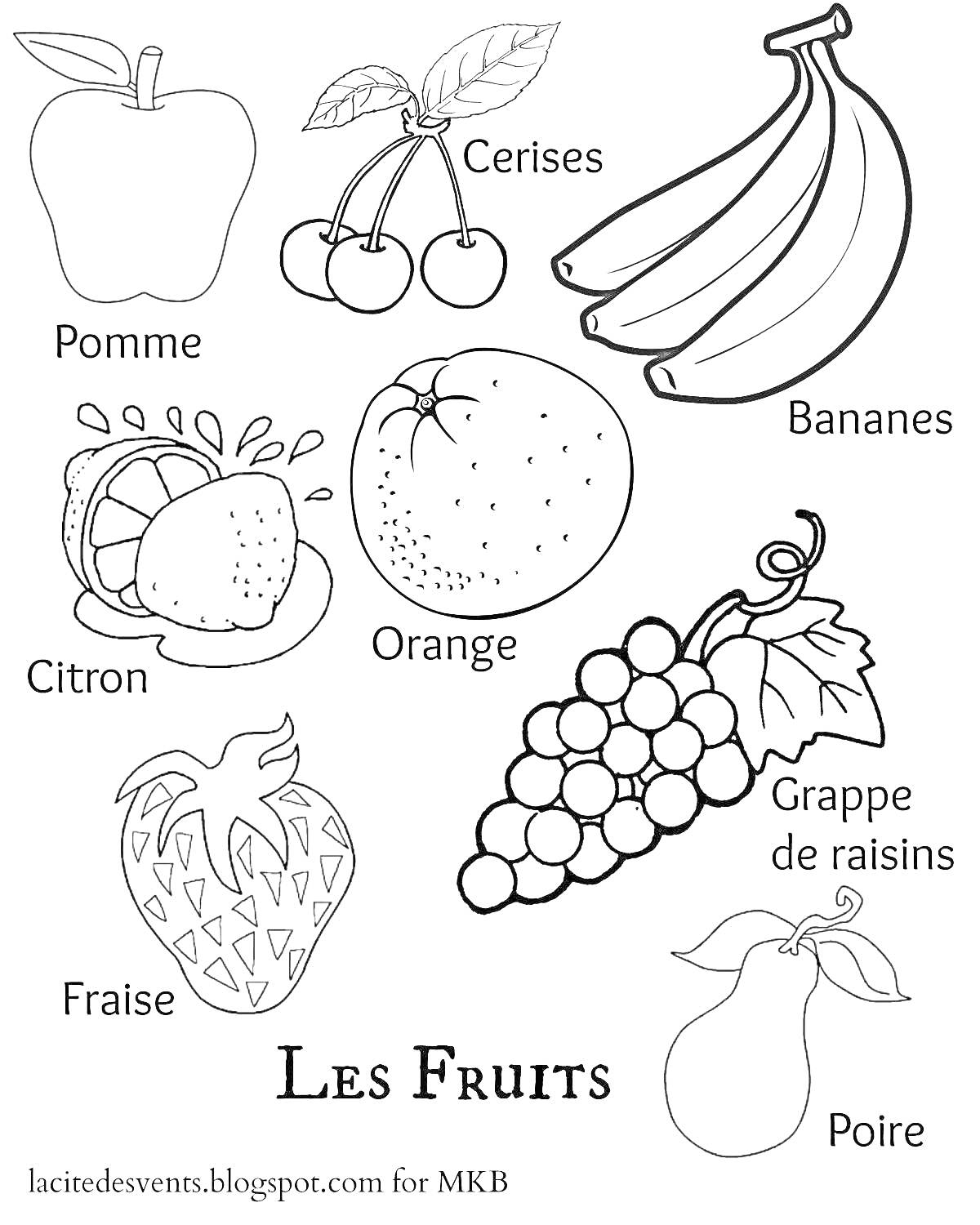 Les Fruits - яблоко, вишня, банан, лимон, апельсин, виноград, клубника и груша (на французском языке)