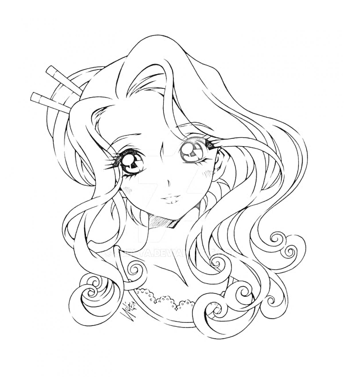 Раскраска Девушка в стиле аниме с длинными волнистыми волосами и палочками в прическе