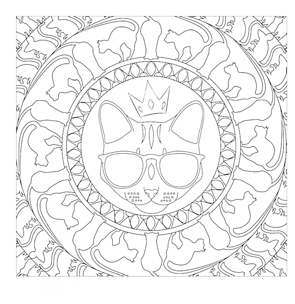 Раскраска Кот в короне и очках в окружении кошачьих силуэтов