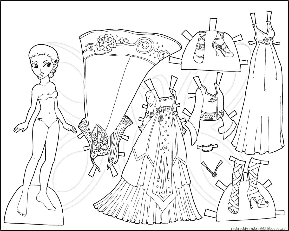 Раскраска Кукла с одеждой для вырезания: платье с корсетом и шлейфом, длинное платье, блузка и юбка, туфли, корона, ожерелье
