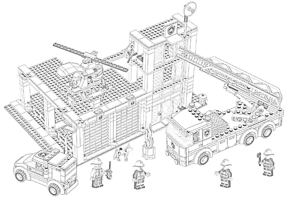 Раскраска Лего город с пожарной станцией, пожарной машиной с лестницей, небольшим автомобилем, вертолетом и четырьмя минифигурками пожарных.