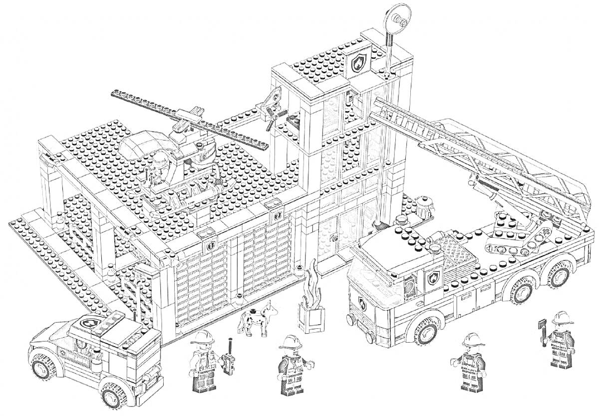 Лего город с пожарной станцией, пожарной машиной с лестницей, небольшим автомобилем, вертолетом и четырьмя минифигурками пожарных.