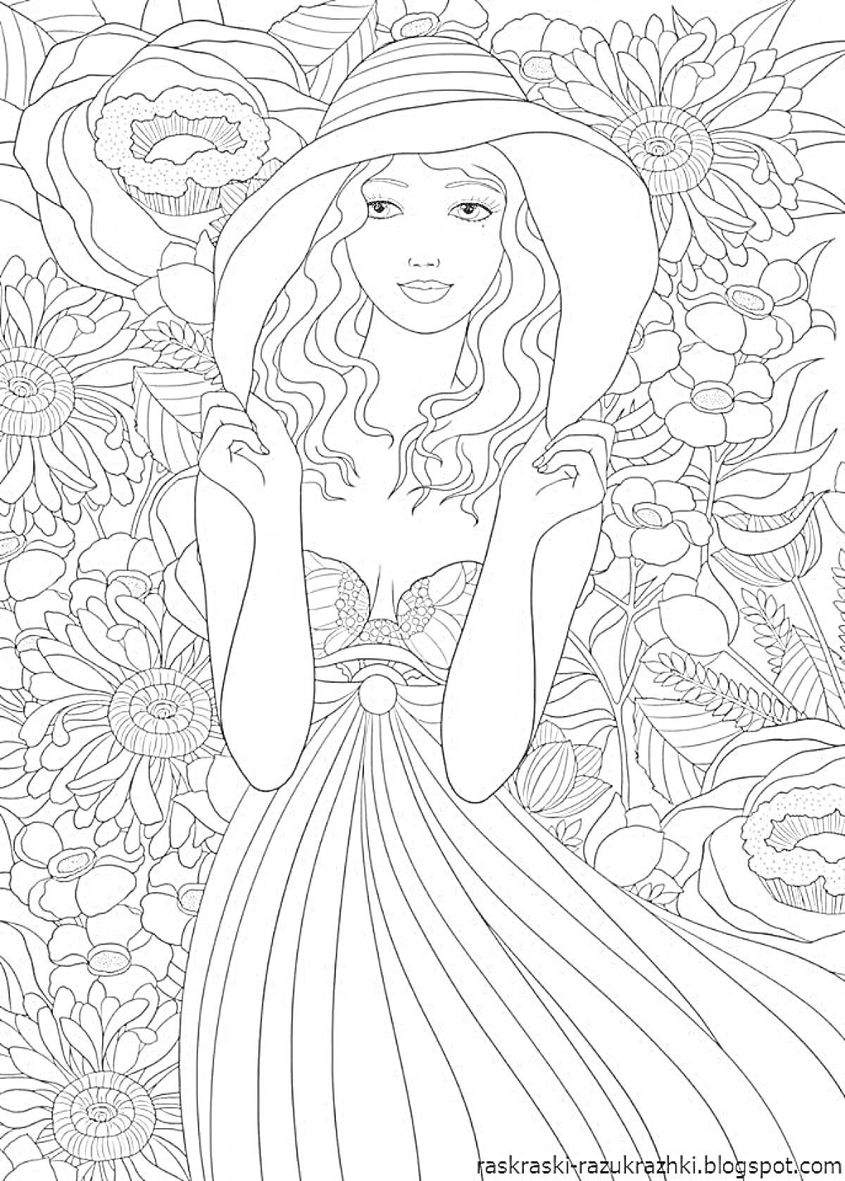 Раскраска Девушка в шляпе и платье на фоне цветочного поля