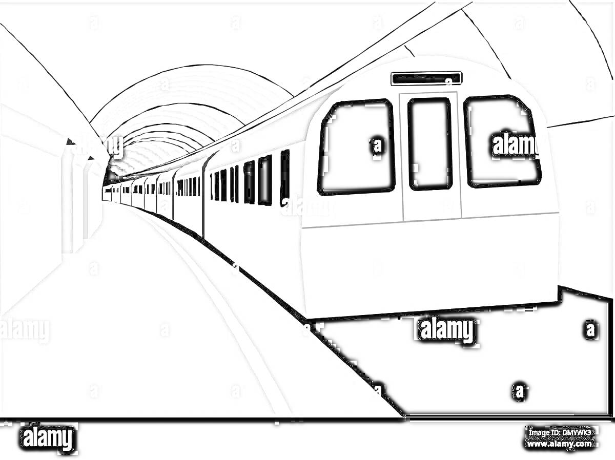 На раскраске изображено: Метро, Поезд, Туннель, Подземка, Городской транспорт, Железная дорога