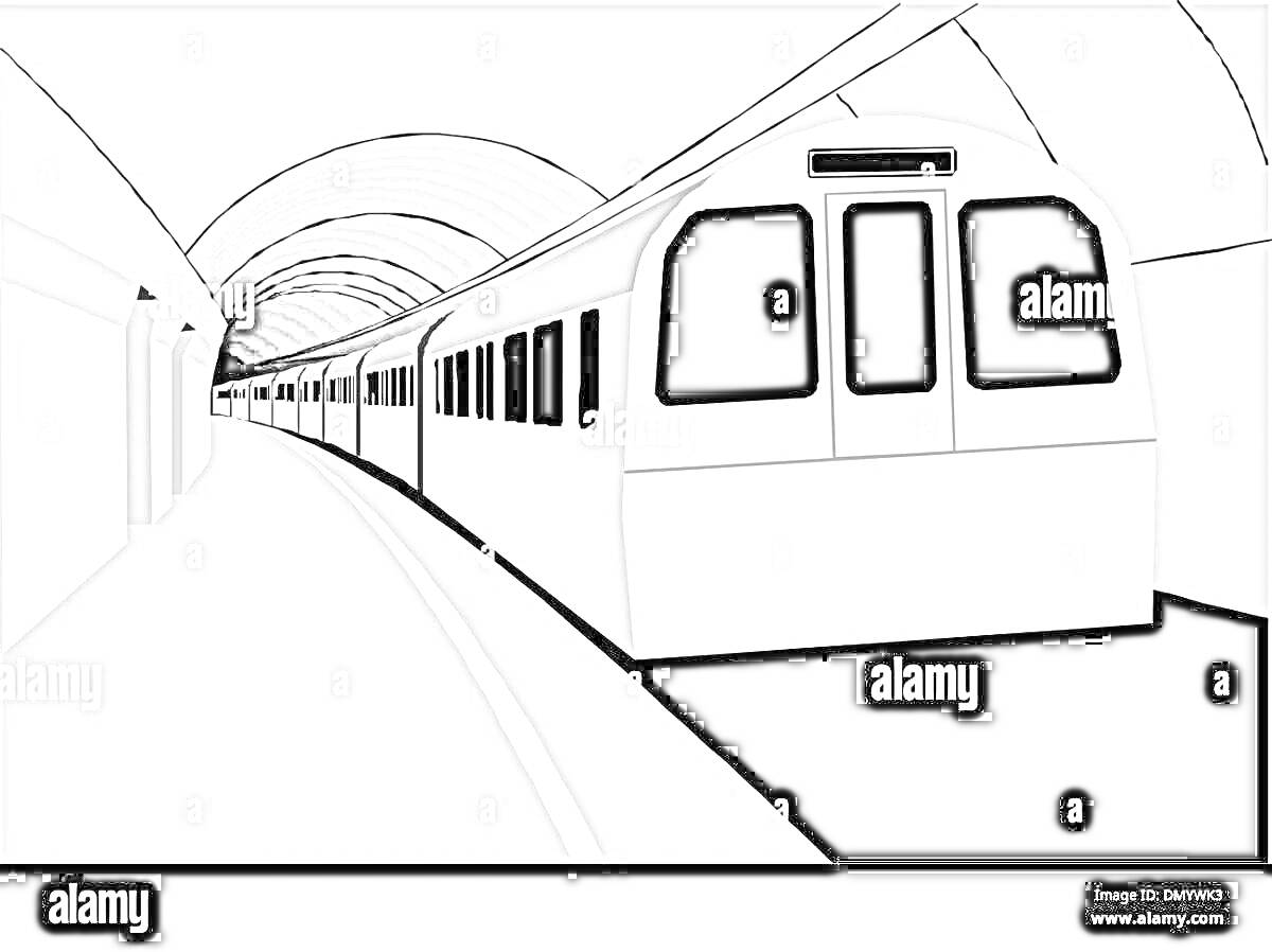 Раскраска Метро, поезд в туннеле, вид сбоку