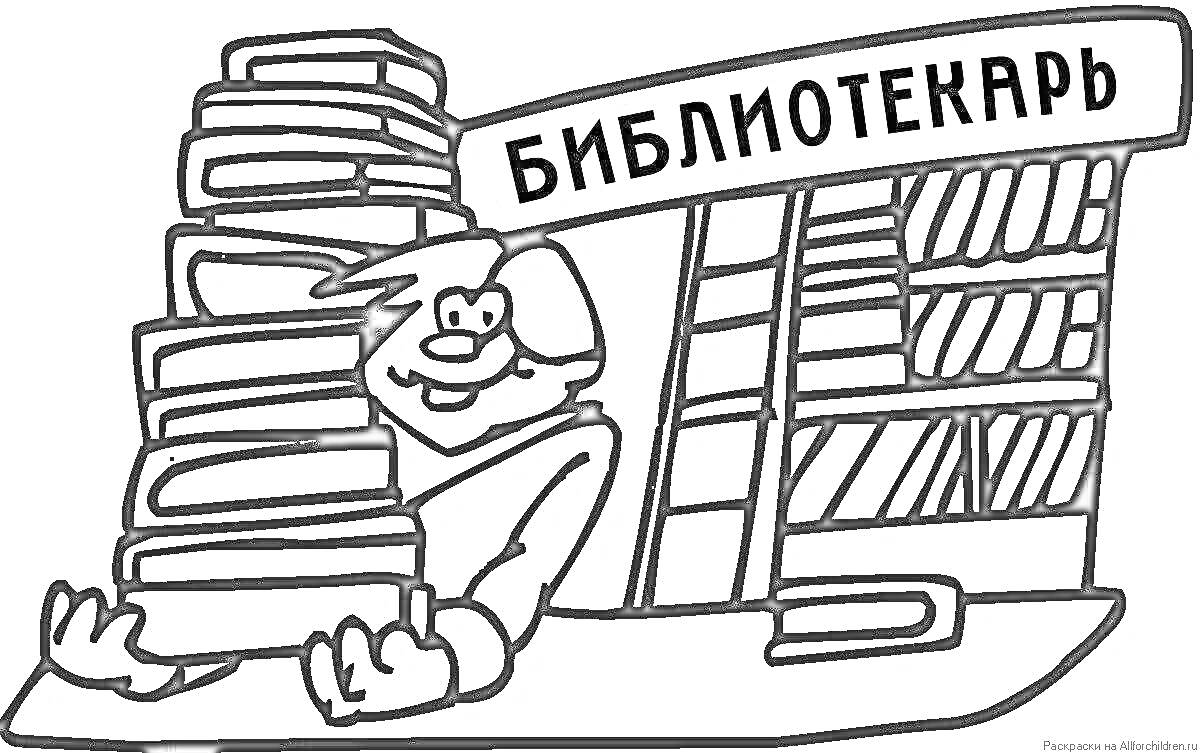 На раскраске изображено: Библиотека, Персонаж, Профессия, Библиотекарь, Чтение