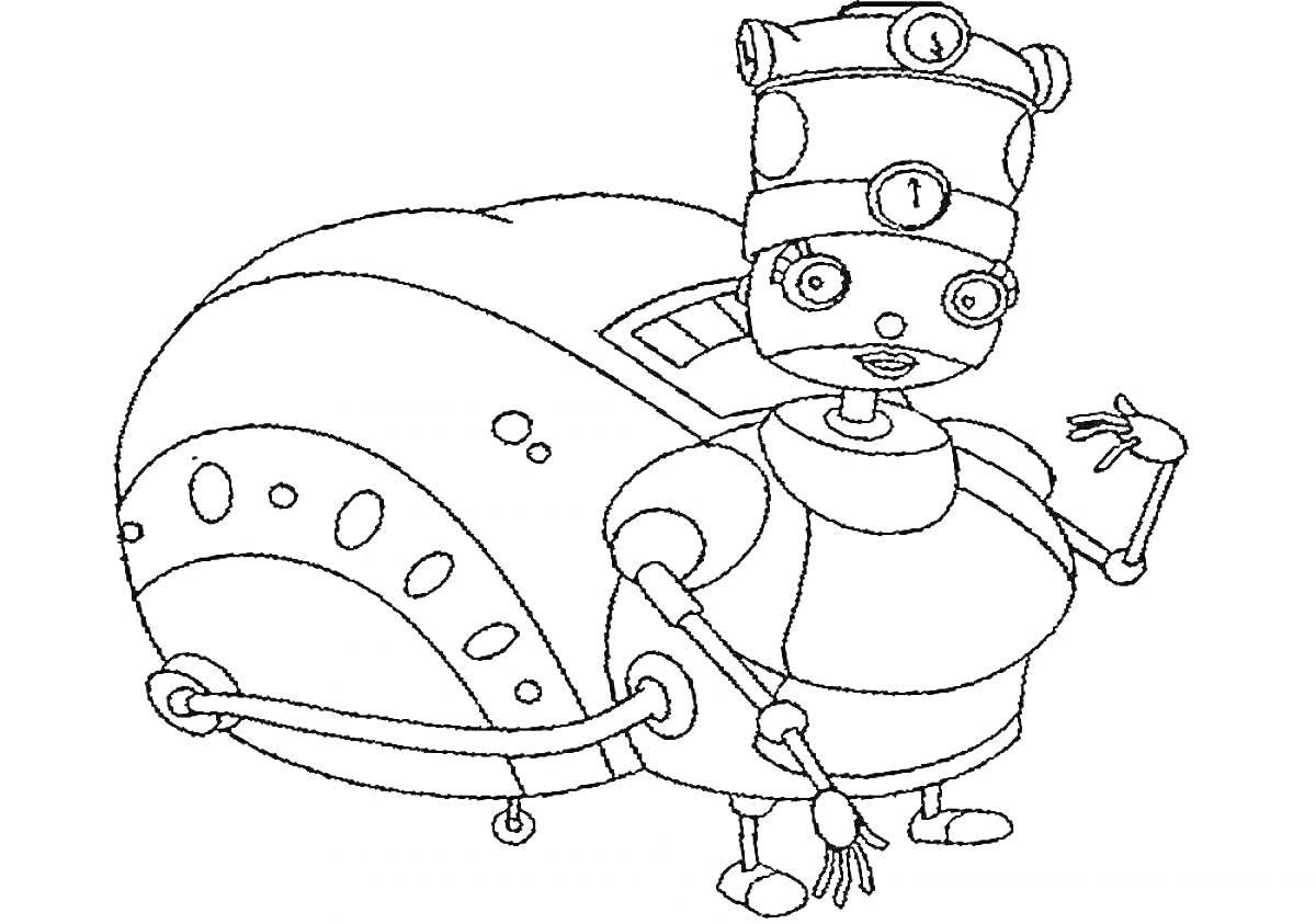 Раскраска Робот с круглым туловищем, высоким цилиндрическим шлемом и множеством кнопок, с вытянутыми руками и круглыми лапами