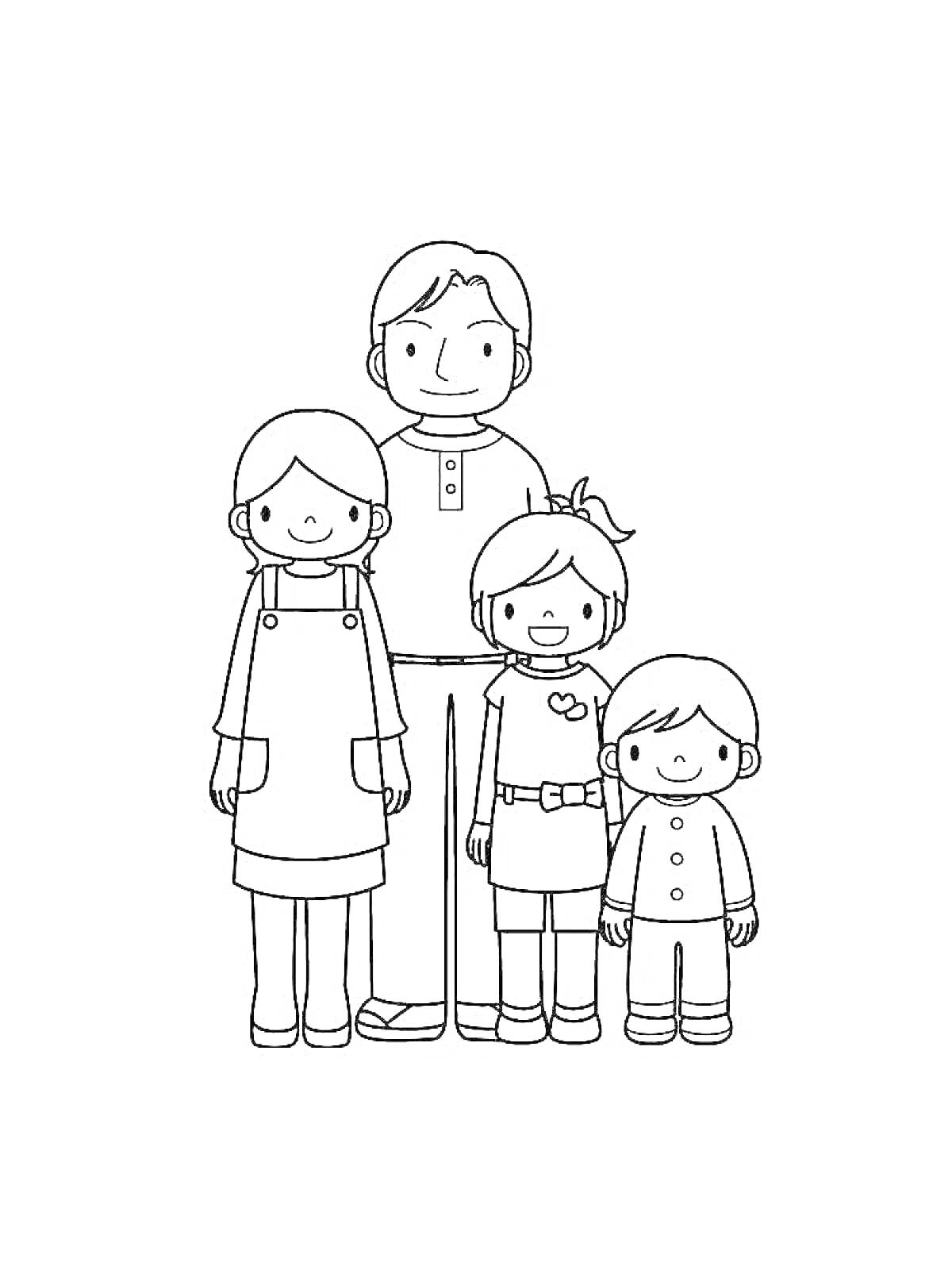 На раскраске изображено: Семья, Родители, Мама, Дочь, Сын, Семейный портрет