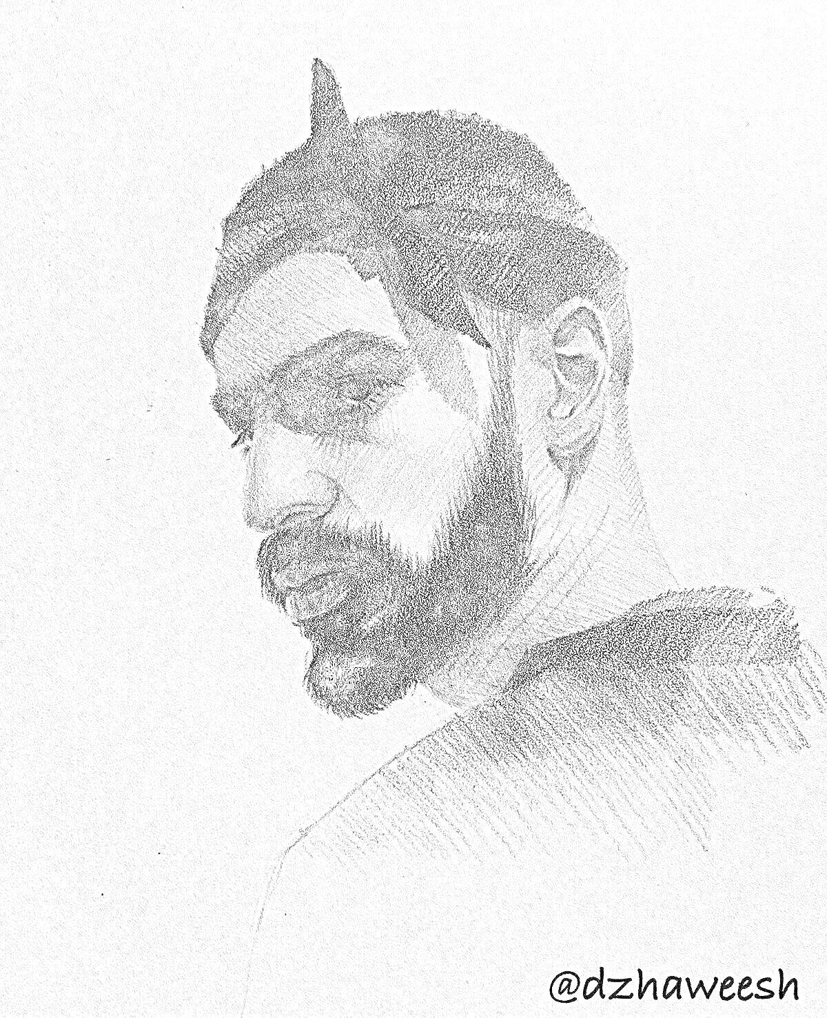 Портрет мужчины с бородой, в повязке на голове, смотрящего через плечо