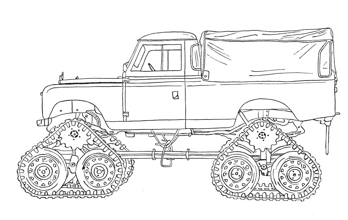 На раскраске изображено: Вездеход, Закрытый кузов, Техника, Транспорт